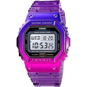 Sport Digital Multi-Function Transparent Women Men Watch PU Band Strap LED